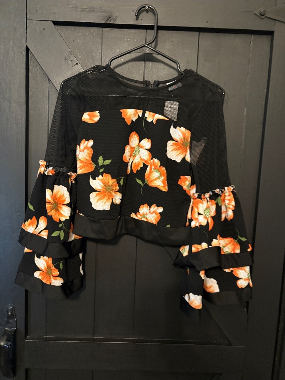 Black Floral Mesh Bell-Sleeve Crop Blouse - Orange Floral